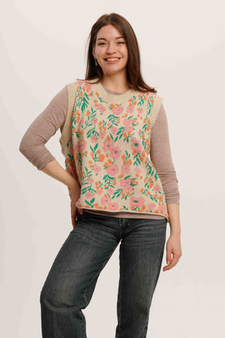FlowerTangle Knit Vest – Jungle-Inspired Sleeveless Floral Cardigan