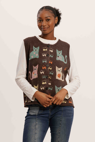 Nine Lives Knit Vest – Retro Cat Pattern Sleeveless Cardigan