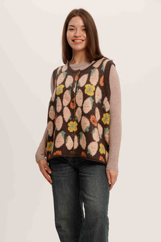 Strawberry Field Vest – Whimsical Sleeveless Knit Cardigan