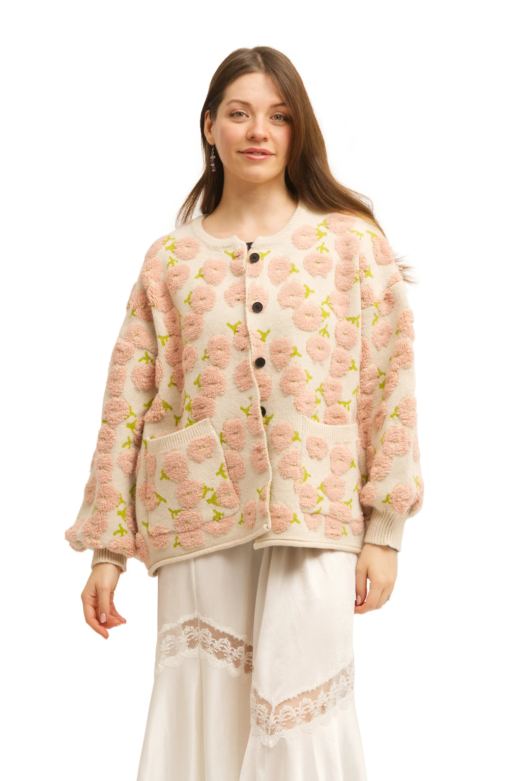 Blush Blossom Cloud Cardigan | Cream Knit with Soft Pink Blooms