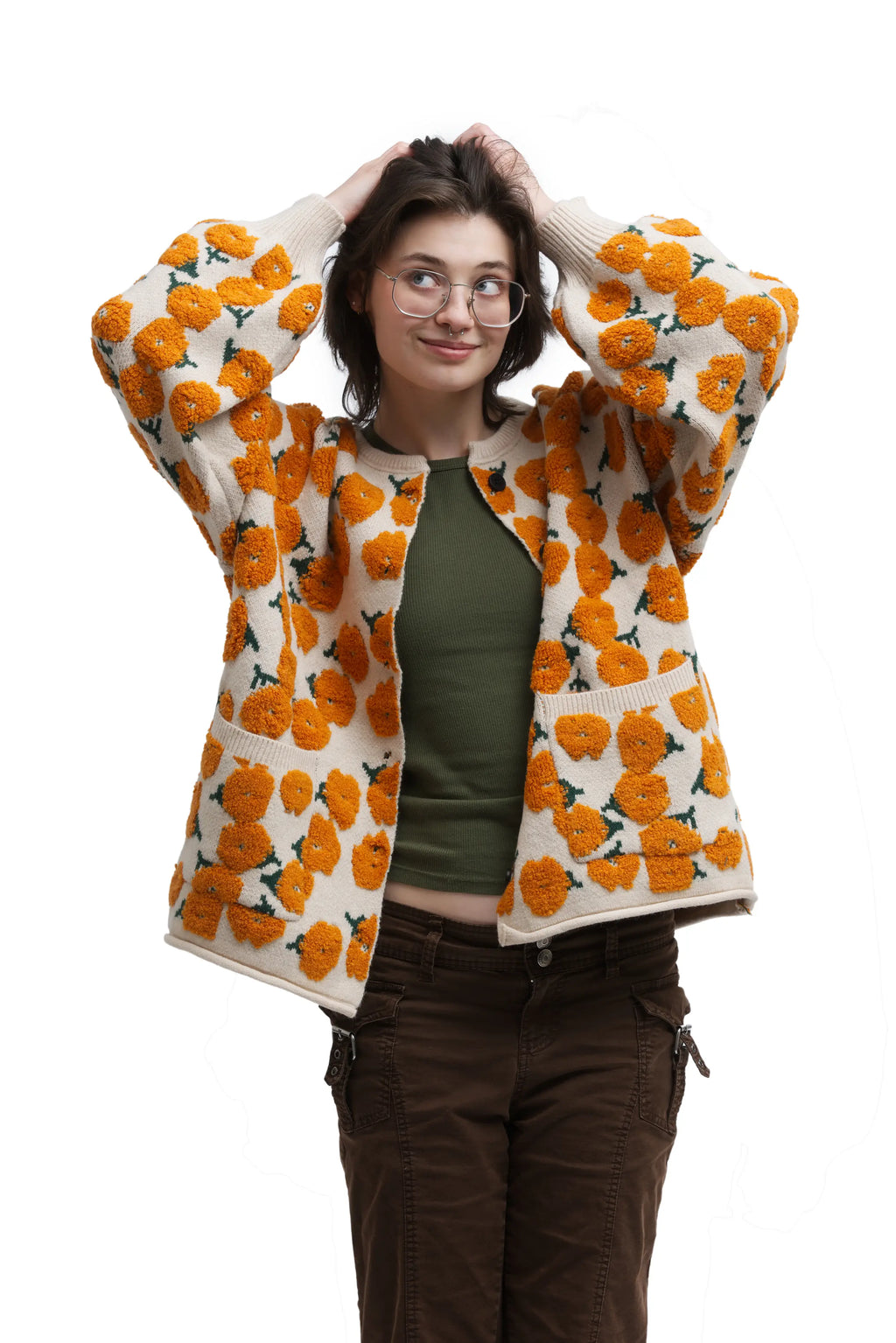 Golden Petal Cardigan – Floral Textured Knit with Pockets | Cardi