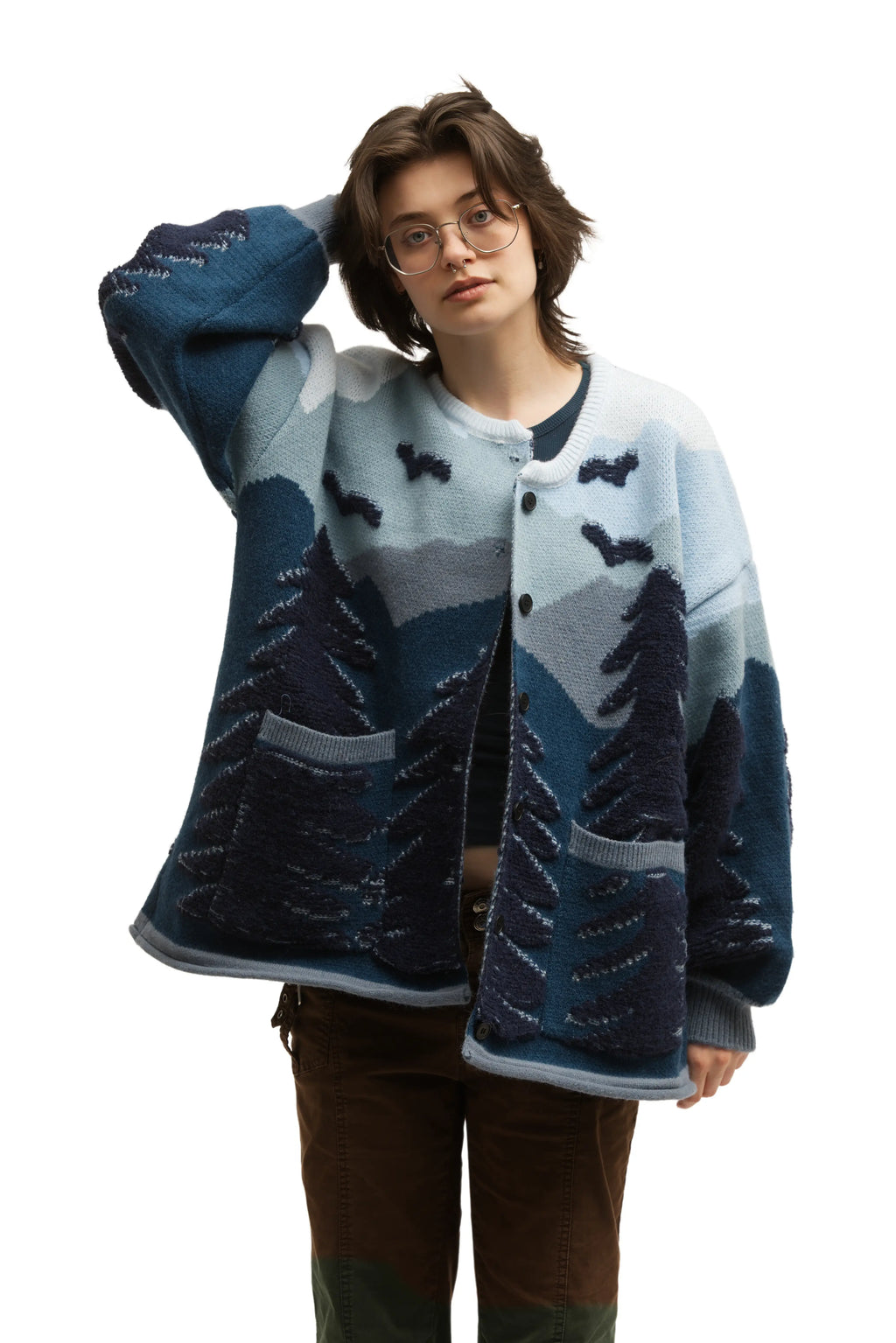 Twilight Forest Cardigan | Blue Tree Silhouette Knit Cardigan
