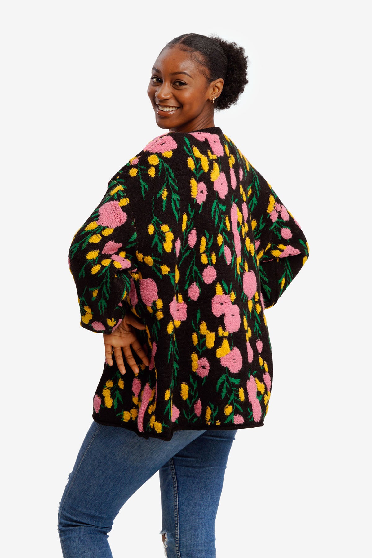 Midnight Garden Cardigan | Black Knit with Bright Floral Details