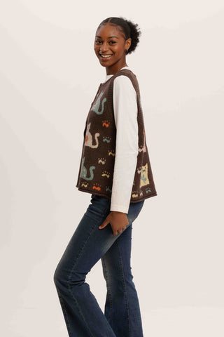 Nine Lives Knit Vest – Retro Cat Pattern Sleeveless Cardigan