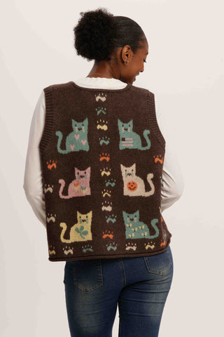 Nine Lives Knit Vest – Retro Cat Pattern Sleeveless Cardigan