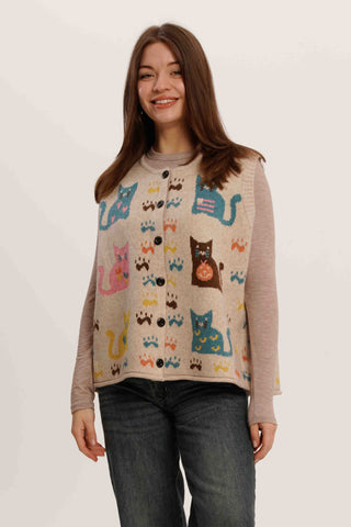 Nine Lives Knit Vest – Retro Cat Pattern Sleeveless Cardigan