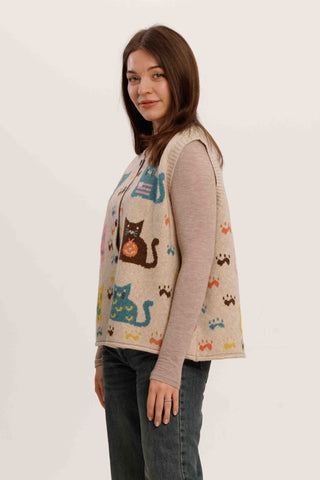 Nine Lives Knit Vest – Retro Cat Pattern Sleeveless Cardigan