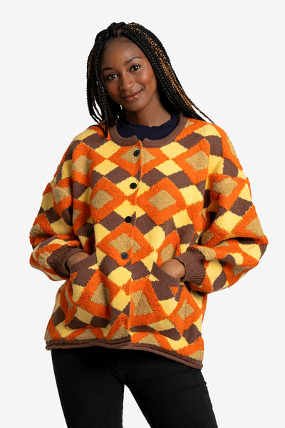 Retro Sunrise Geometric Cardigan in Orange & Brown – Cardi Craze