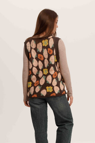 Strawberry Field Vest – Whimsical Sleeveless Knit Cardigan