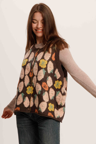 Strawberry Field Vest – Whimsical Sleeveless Knit Cardigan