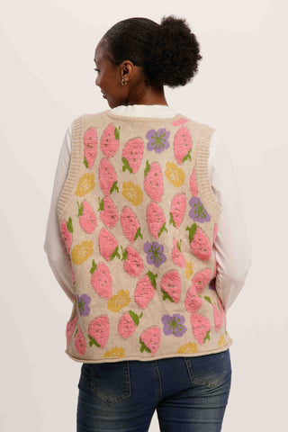 Strawberry Field Vest – Whimsical Sleeveless Knit Cardigan