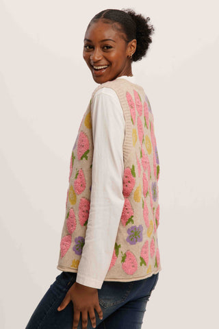 Strawberry Field Vest – Whimsical Sleeveless Knit Cardigan