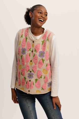 Strawberry Field Vest – Whimsical Sleeveless Knit Cardigan