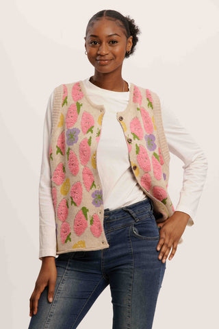 Strawberry Field Vest – Whimsical Sleeveless Knit Cardigan