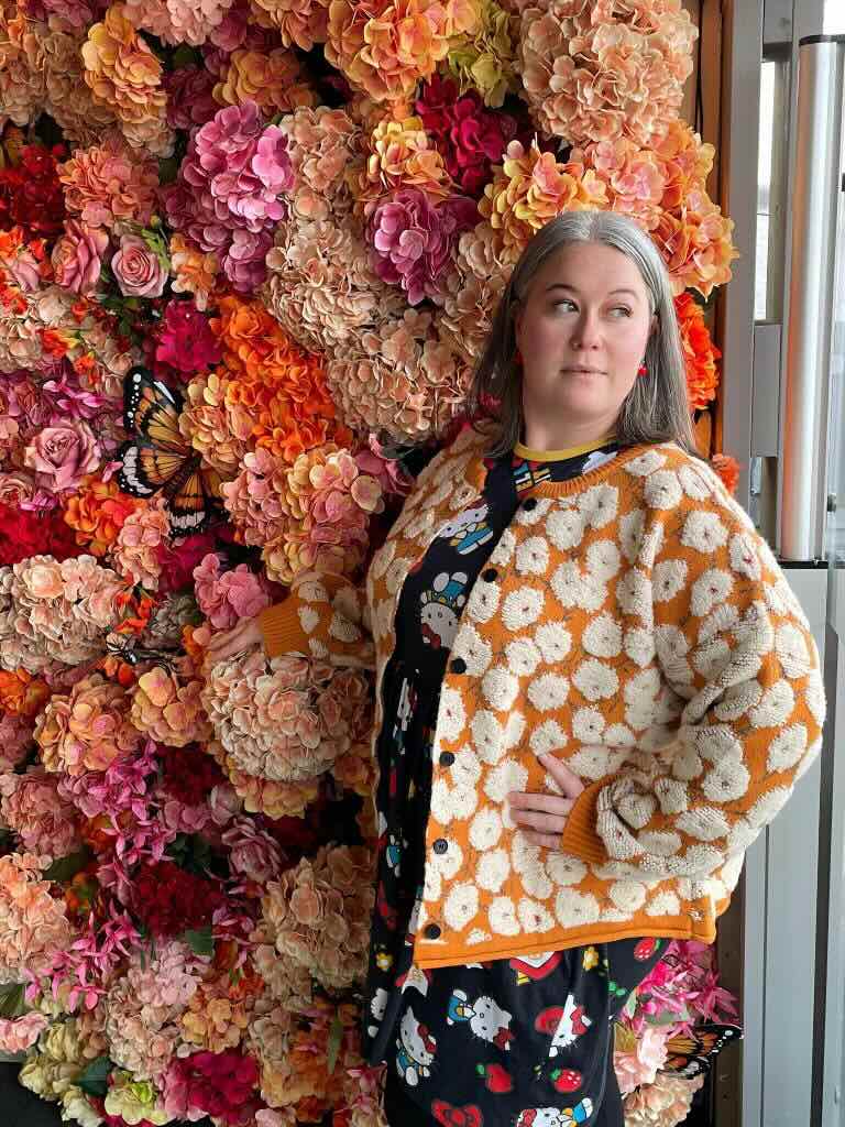 Retro Flower Cardigan | Pink Knit with Teal & Orange Blooms