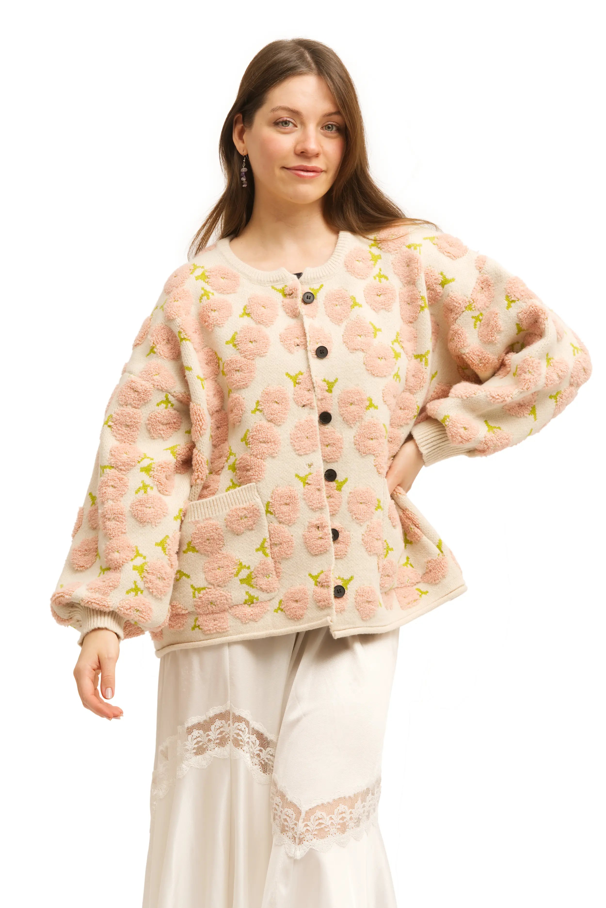 DAIRIKU 417 edifice別注 flower cardigan Blush Blossom Cloud Cardigan | Cream Knit with Soft Pink Blooms