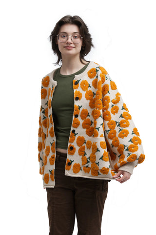 Golden Petal Cardigan – Floral Textured Knit with Pockets | Cardi