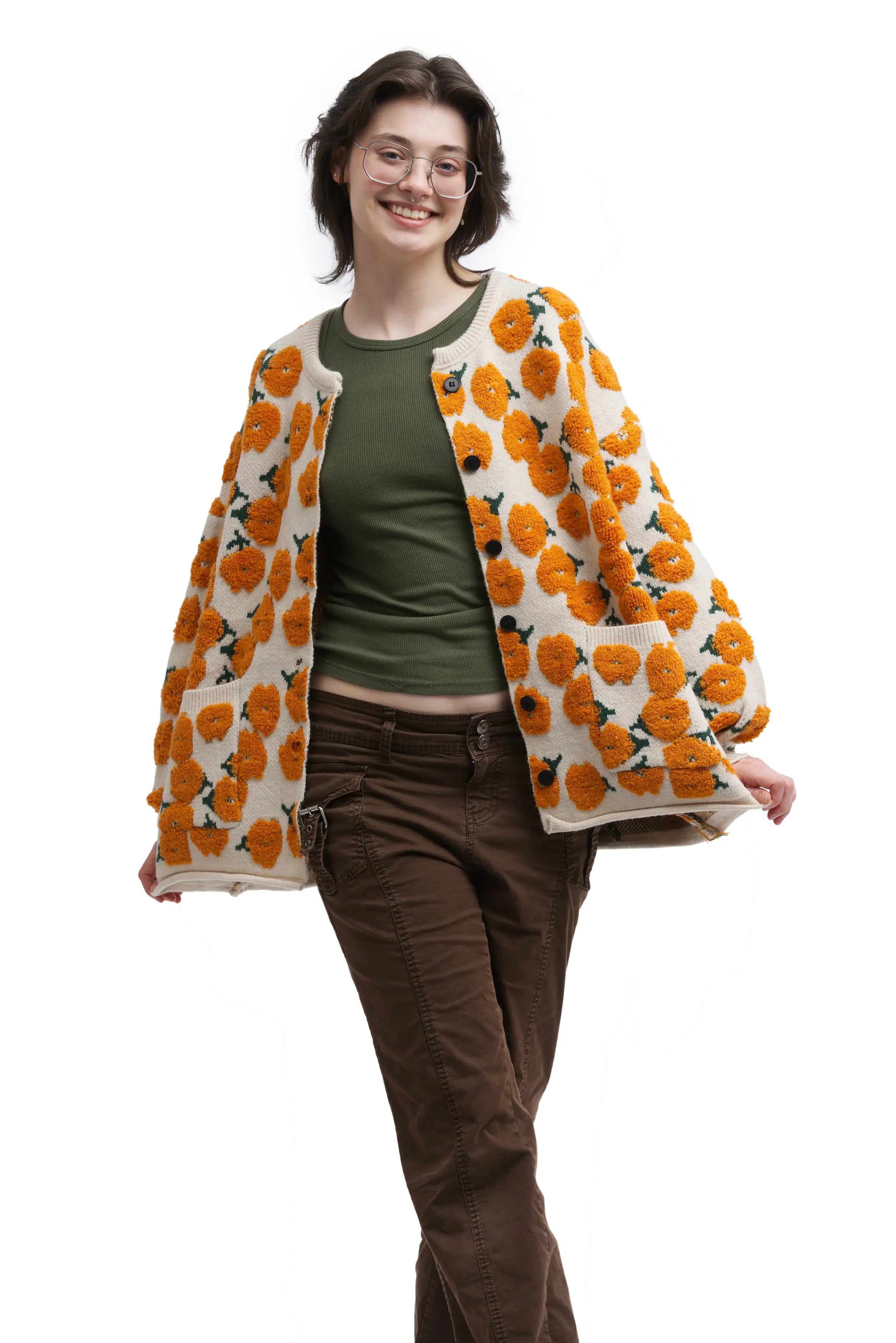 Golden Petal Cardigan – Floral Textured Knit with Pockets | Cardi